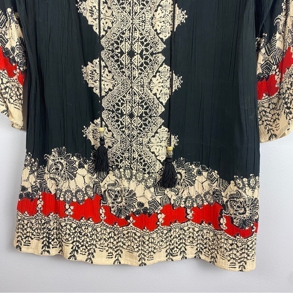 ANGIE Black Cream Tassel Rayon Long Sleeve Tunic Blouse Small - Picture 6 of 9